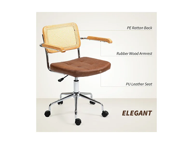 Chaise de bureau vintage acier bois effet capitonné rotin