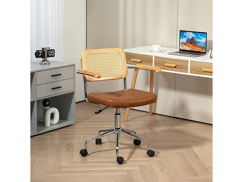 Chaise de bureau vintage acier bois effet capitonné rotin