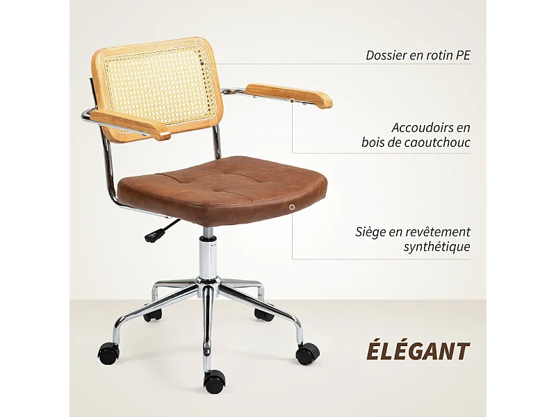 Chaise de bureau vintage acier bois effet capitonné rotin