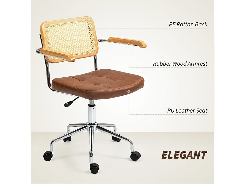 Chaise de bureau vintage acier bois effet capitonné rotin