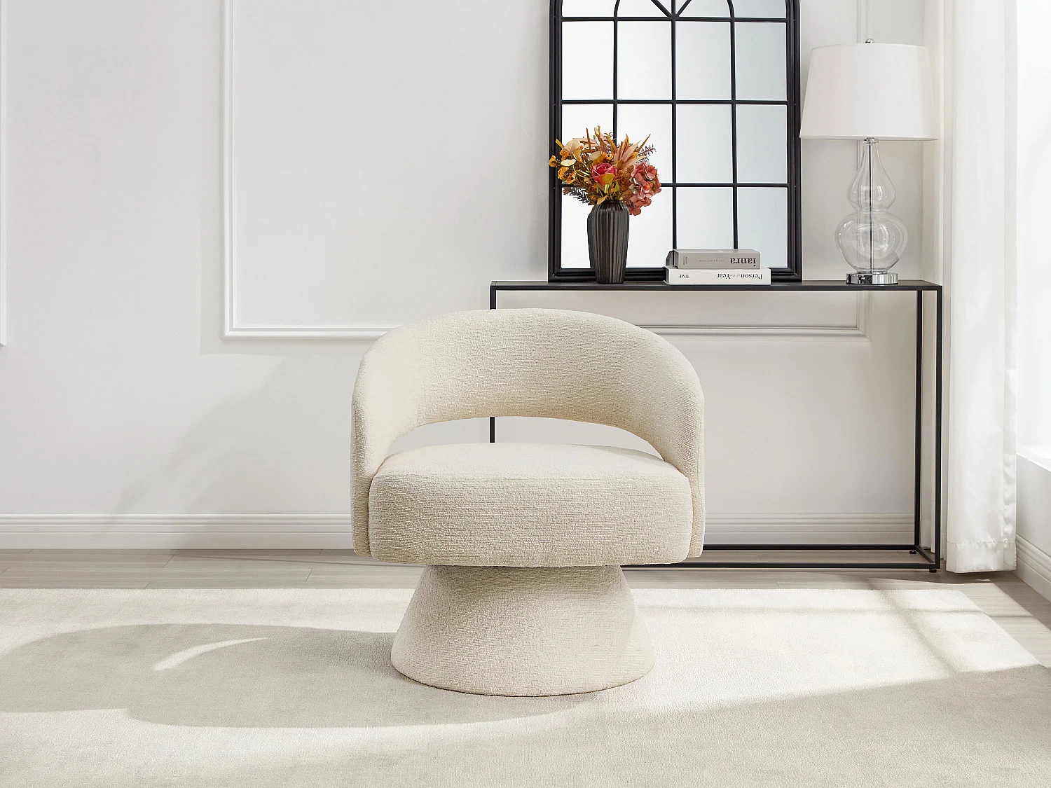 Fauteuil pivotant en tissu chenille beige FEDOTE
