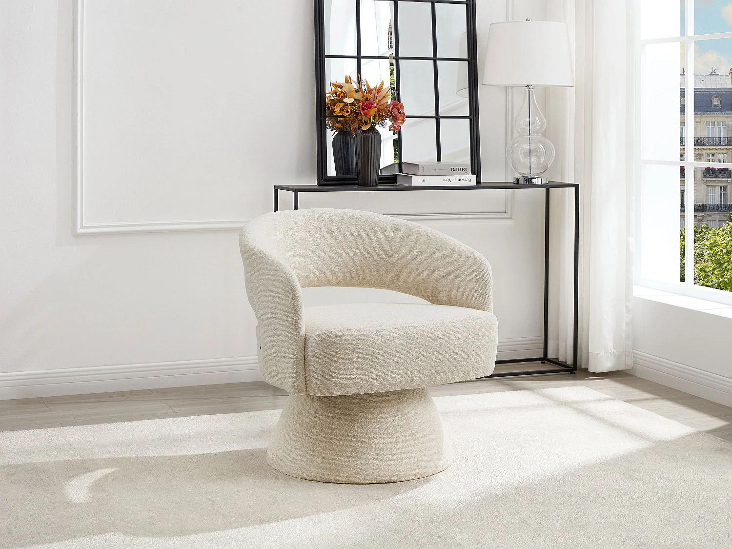 Fauteuil pivotant en tissu chenille beige FEDOTE