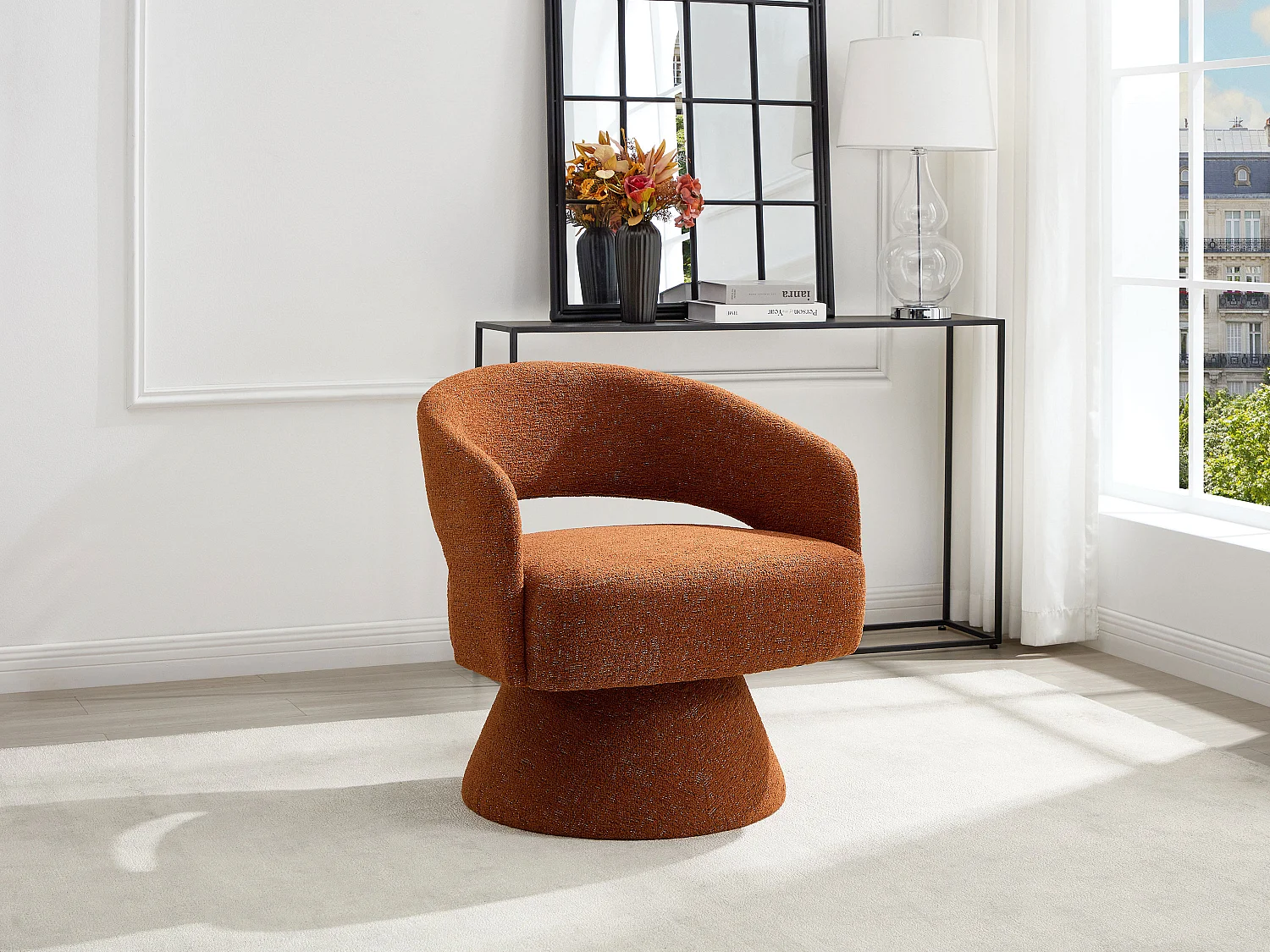 Fauteuil pivotant en tissu chenille terracotta FEDOTE