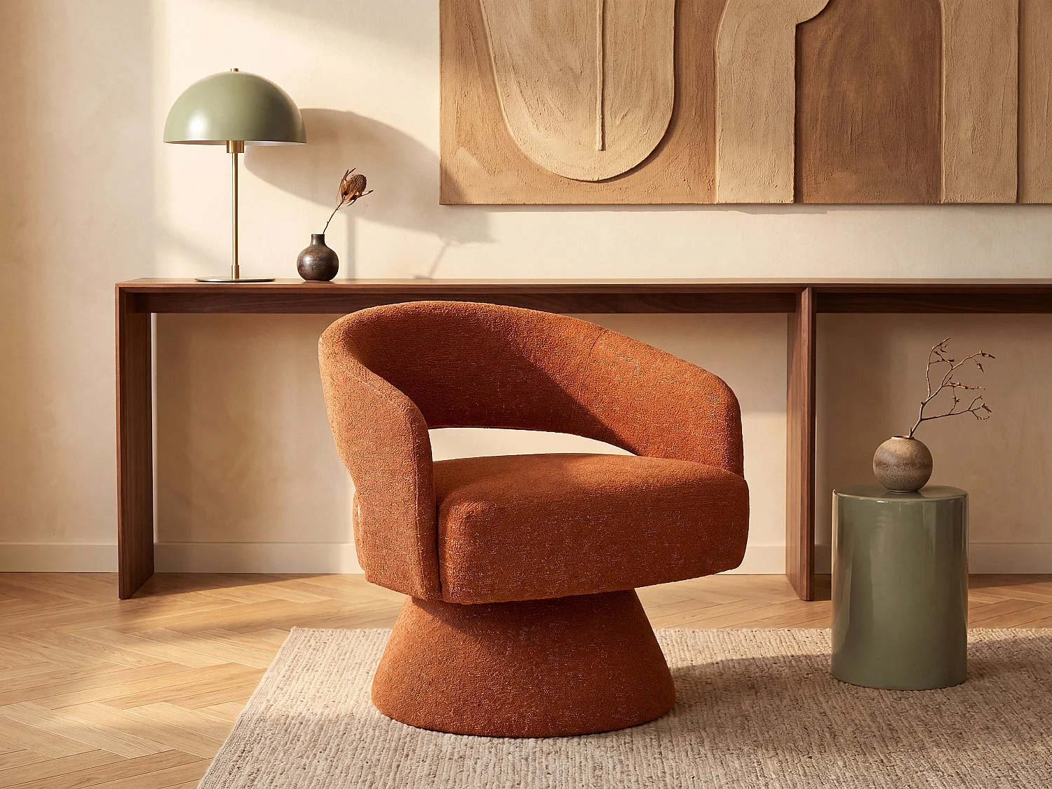 Terracotta Chenille Fabric Swivel Armchair FEDOTE