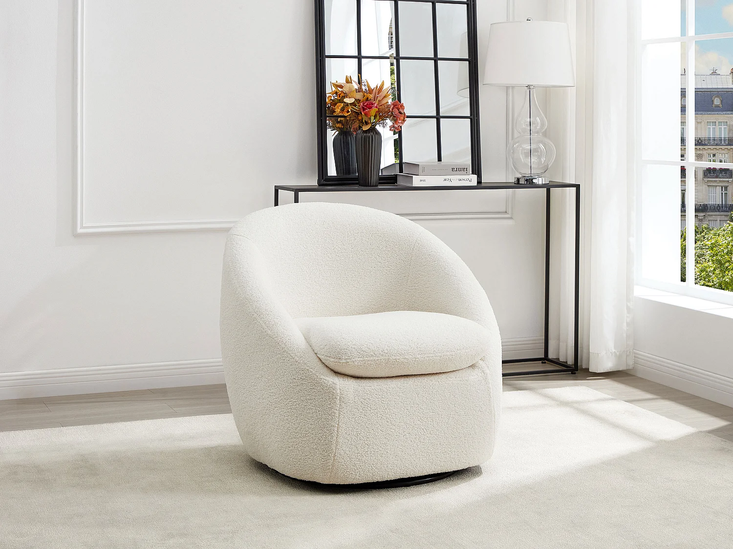 Fauteuil pivotant en tissu bouclette blanc NETALIO