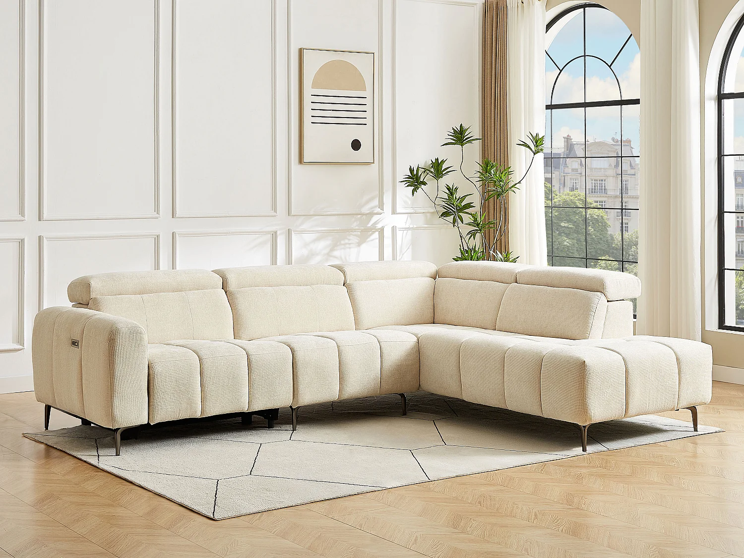 Canapé d'angle droit relax électrique en tissu texturé beige CALDORIA