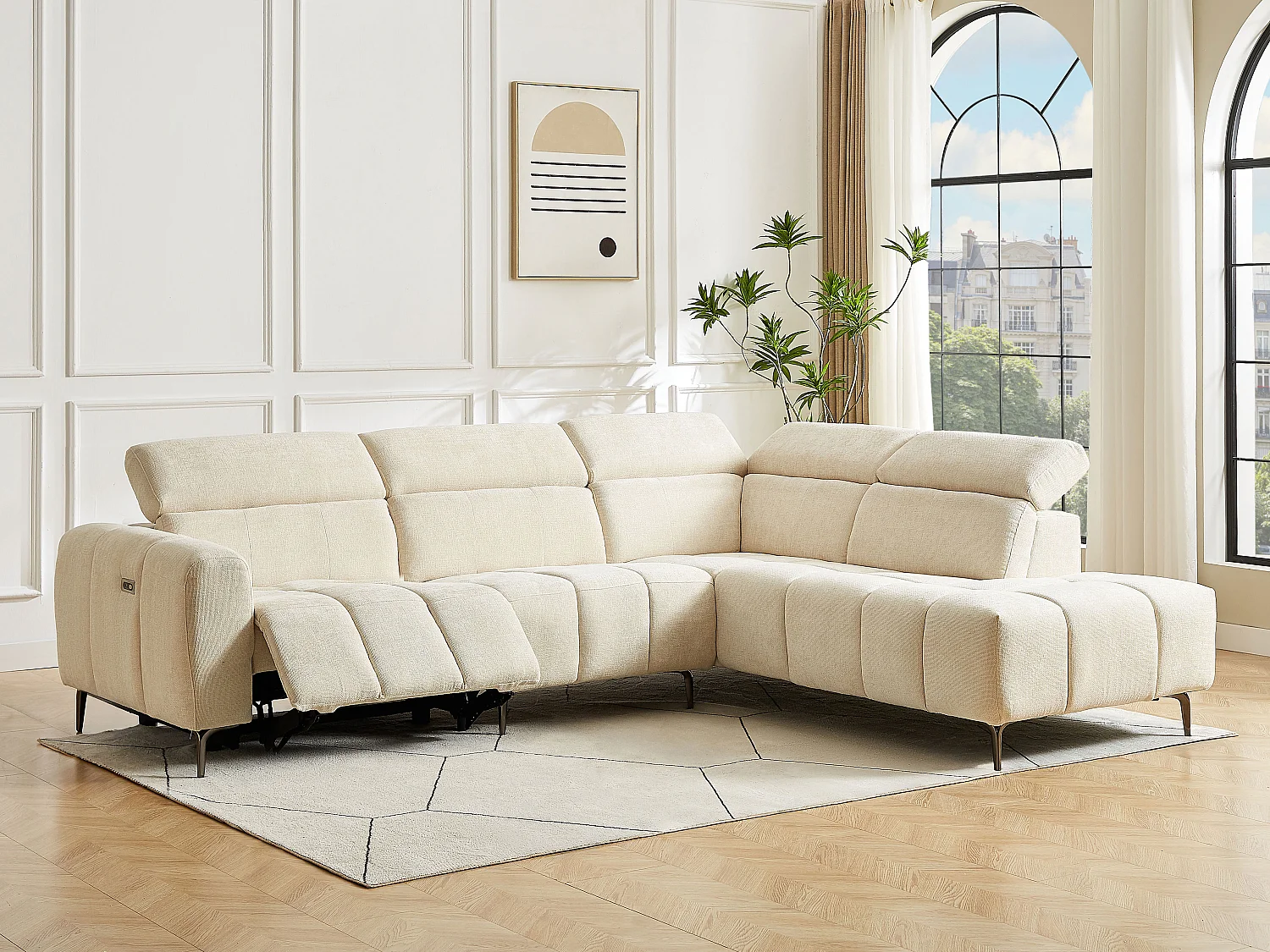 Elektrische relaxhoekbank met hoek rechts in beige gestructureerde stof  - CALDORIA