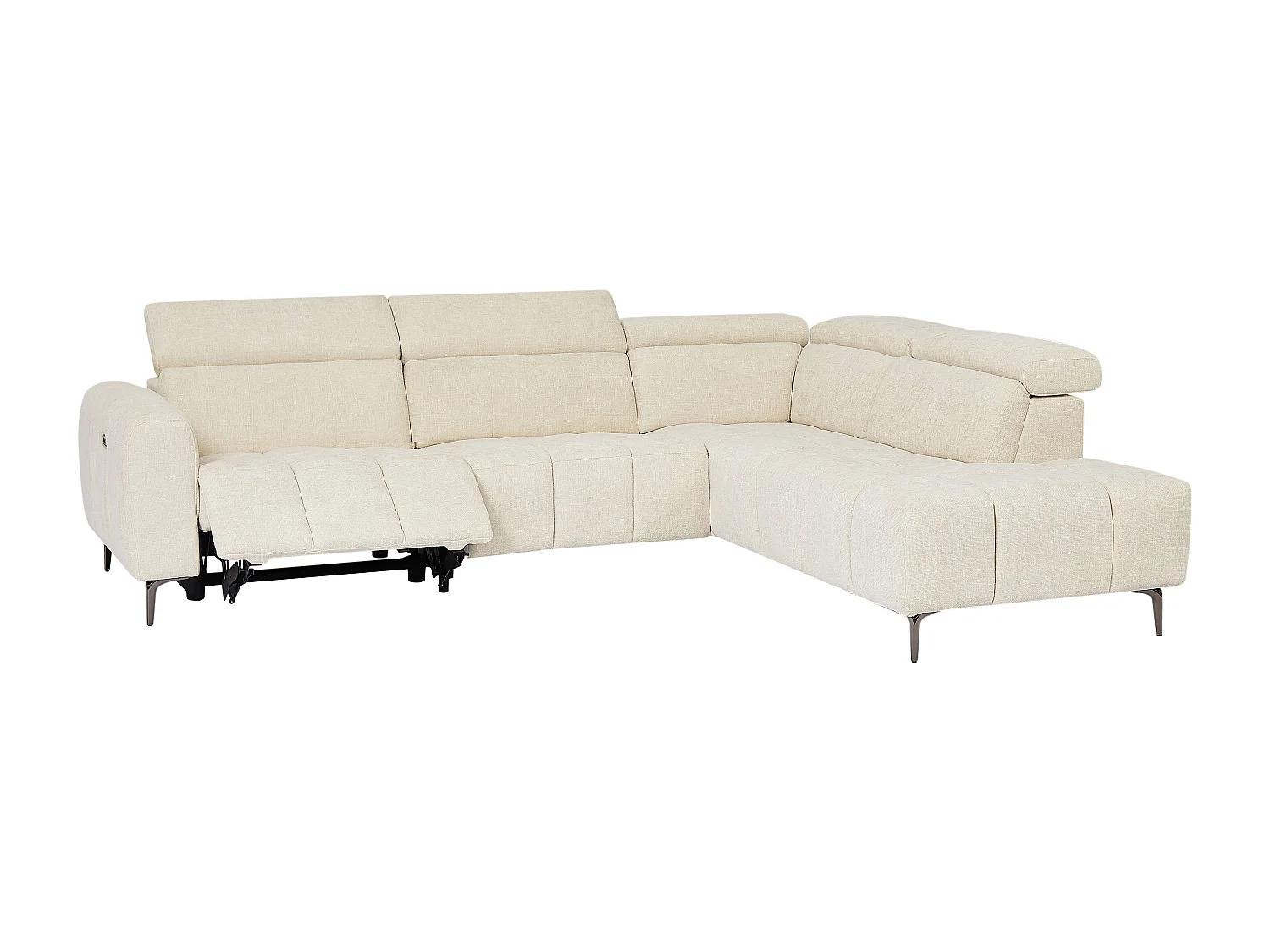 Canapé d'angle droit relax électrique en tissu texturé beige CALDORIA