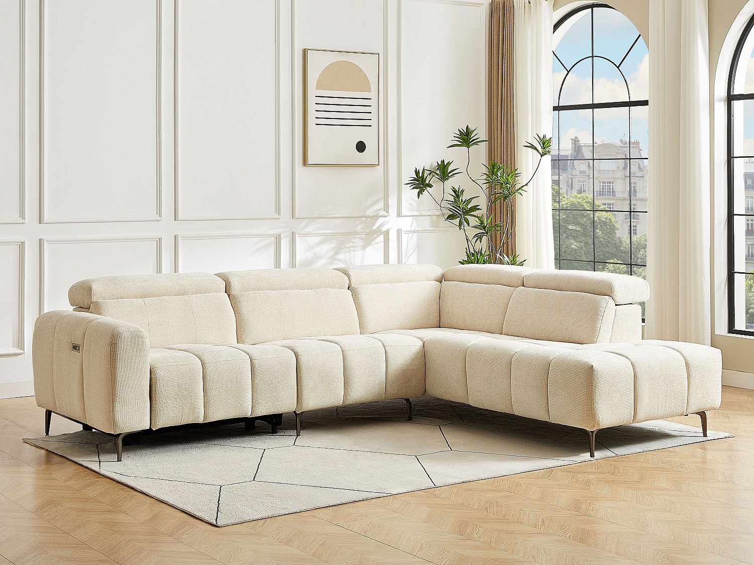 Vente-unique Ecksofa Rechts Elektrisch Relax - Textilstoff Beige - Caldoria