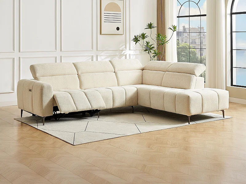 Canapé d'angle droit relax électrique en tissu texturé beige CALDORIA