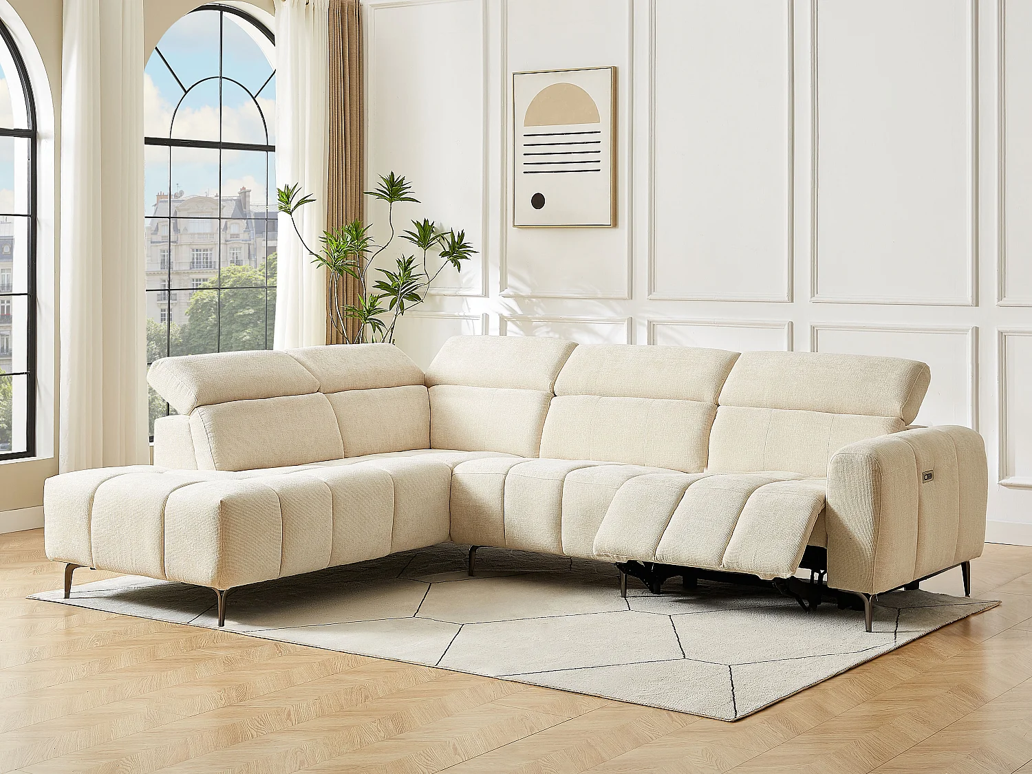 Elektrische relaxhoekbank met hoek links in beige gestructureerde stof  - CALDORIA