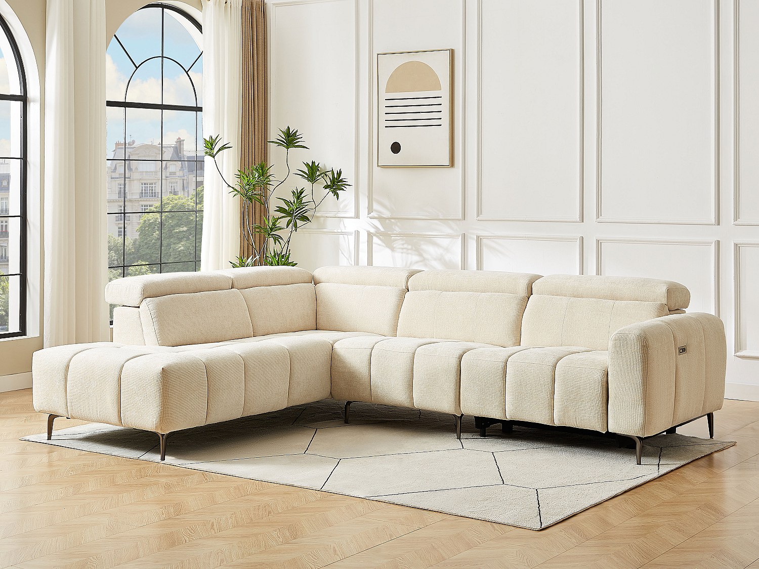 Vente-unique Ecksofa Links Elektrisch Relax - Textilstoff Beige - Caldoria