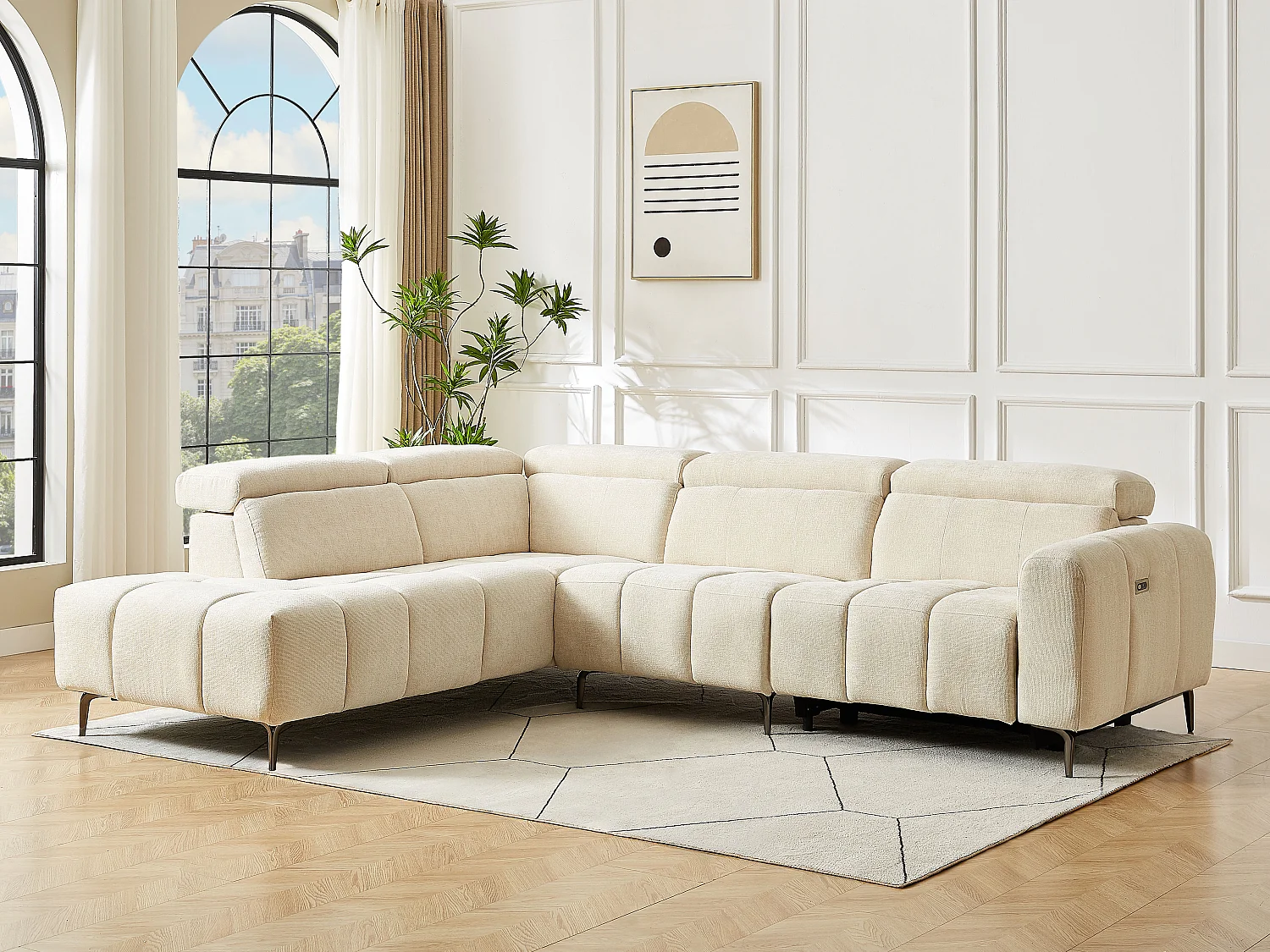 Canapé d'angle gauche relax électrique en tissu texturé beige CALDORIA