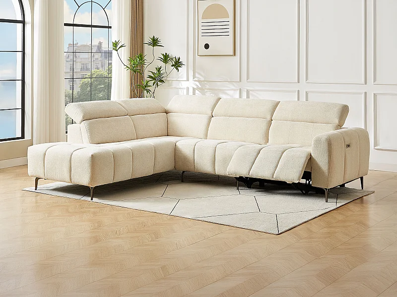 Canapé d'angle gauche relax électrique en tissu texturé beige CALDORIA