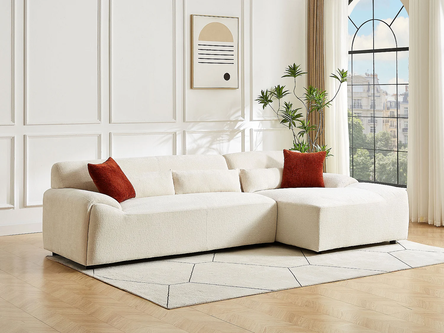 Canapé d'angle droit en tissu chenille beige OVILIO