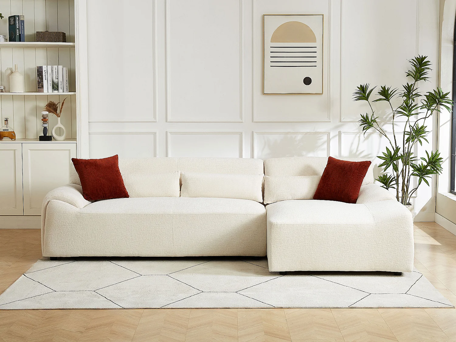 Canapé d'angle droit en tissu chenille beige OVILIO