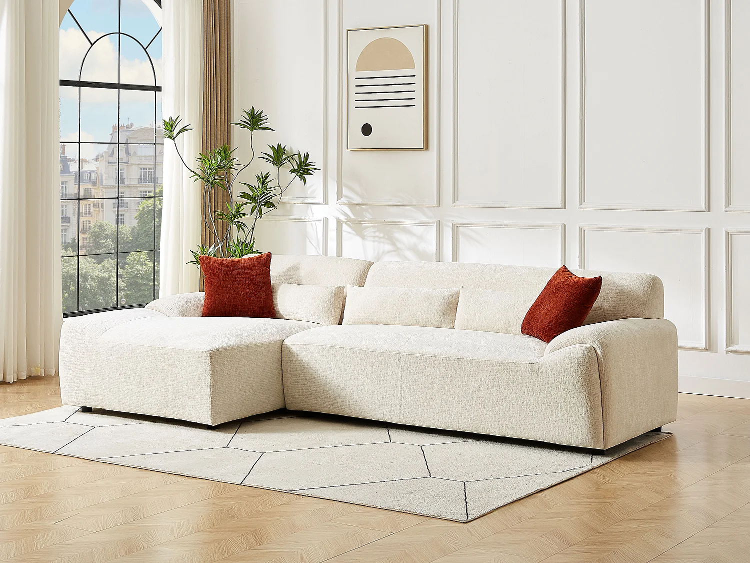 Canapé d'angle gauche en tissu chenille beige OVILIO