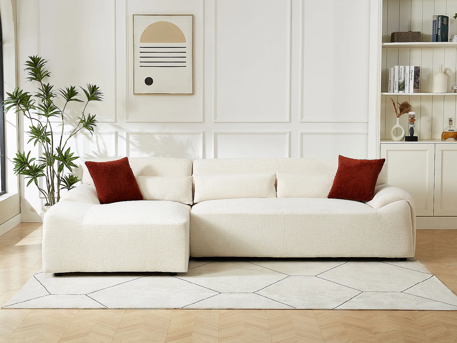 Canapé d'angle gauche en tissu chenille beige OVILIO