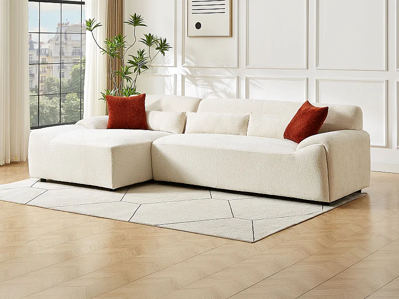 Venstrevendt hjørnesofa i beige chenillestof OVILIO