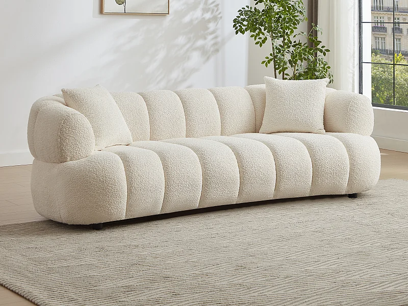 Canapé 3 places en tissu bouclette blanc cassé COLIANI