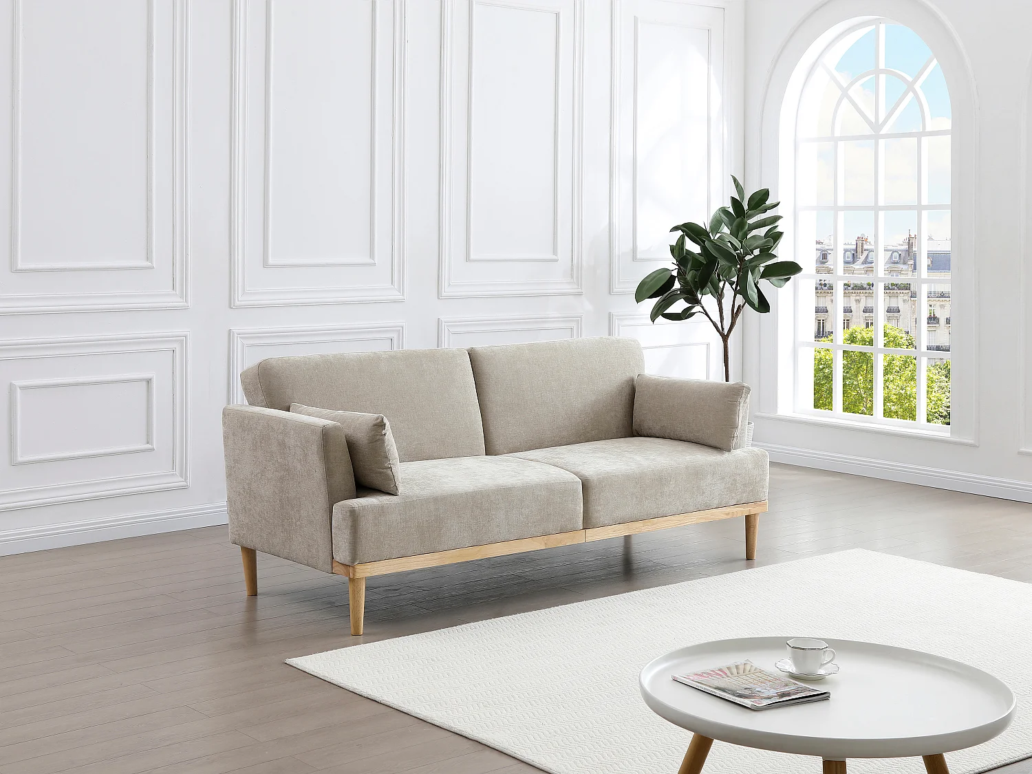 Canapé 3 places convertible clic-clac en tissu beige AMBRILO