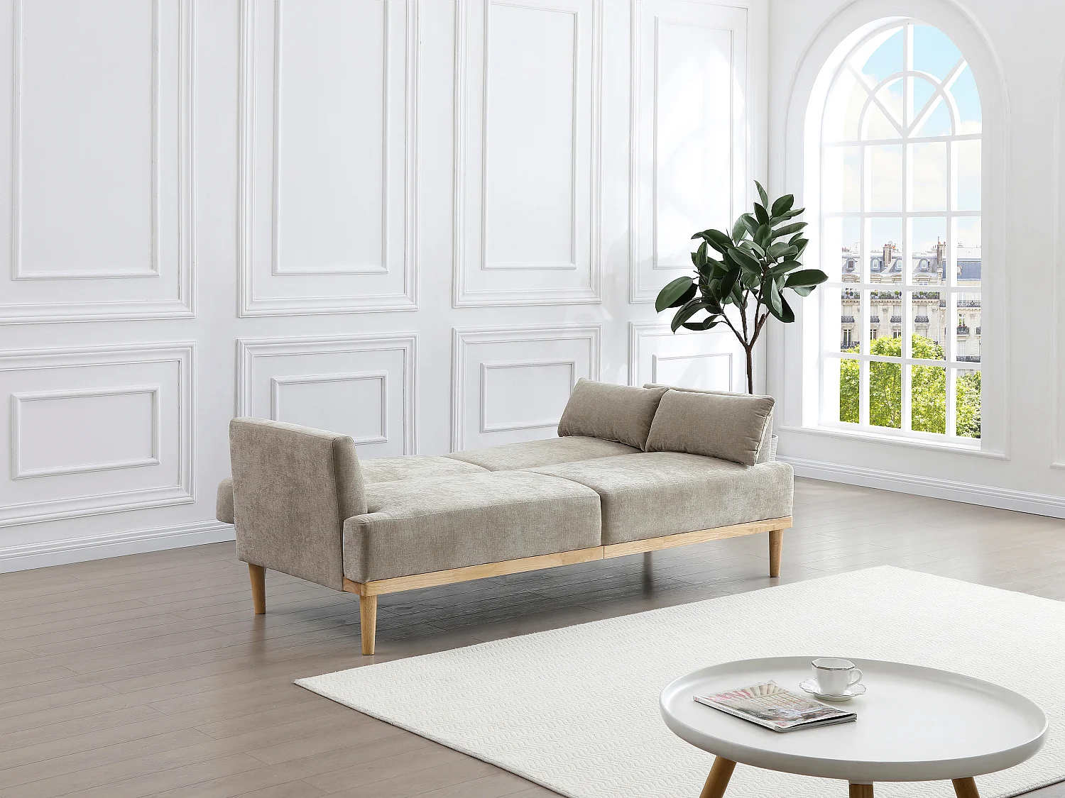 Canapé 3 places convertible clic-clac en tissu beige AMBRILO