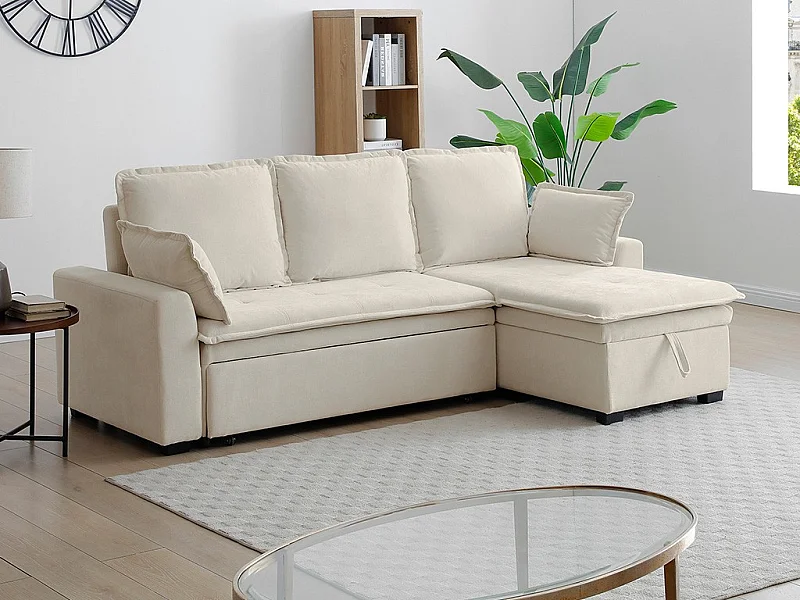 Canapé d'angle convertible et réversible en tissu blanc cassé ZAKILA