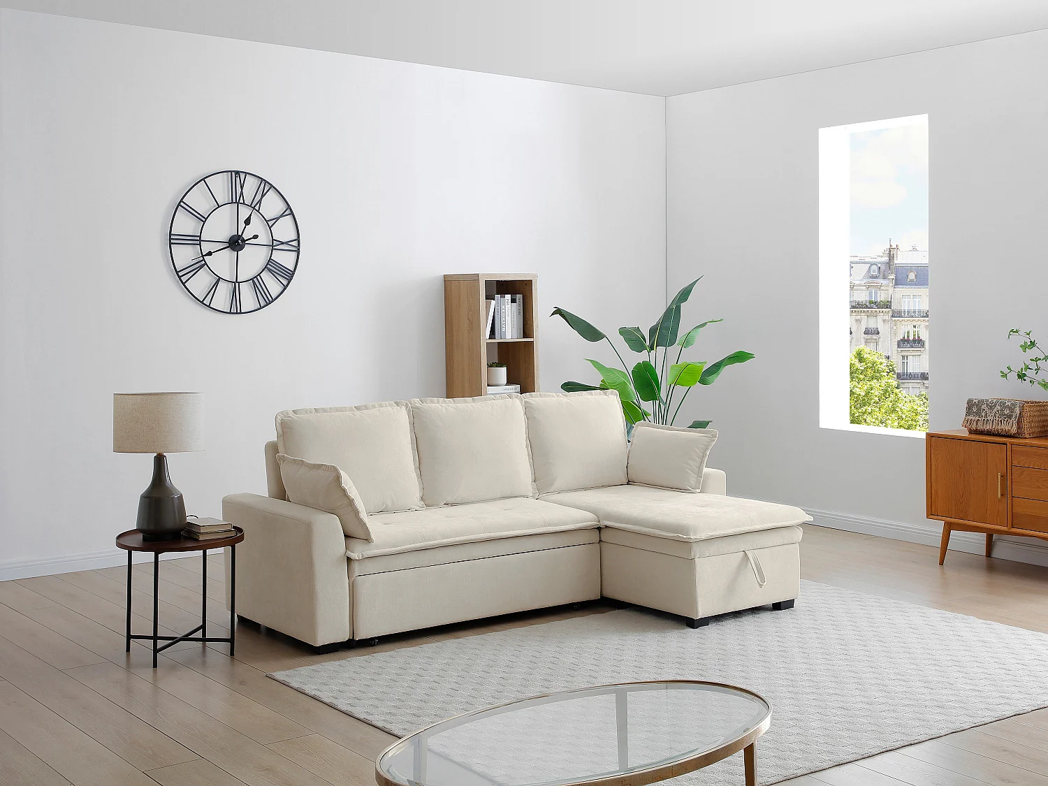 Canapé d'angle convertible et réversible en tissu blanc cassé ZAKILA