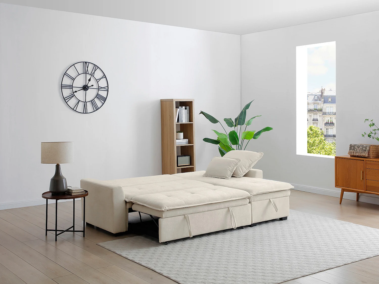 Canapé d'angle convertible et réversible en tissu blanc cassé ZAKILA