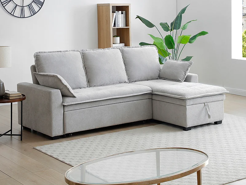 Canapé d'angle convertible et réversible en tissu gris clair ZAKILA