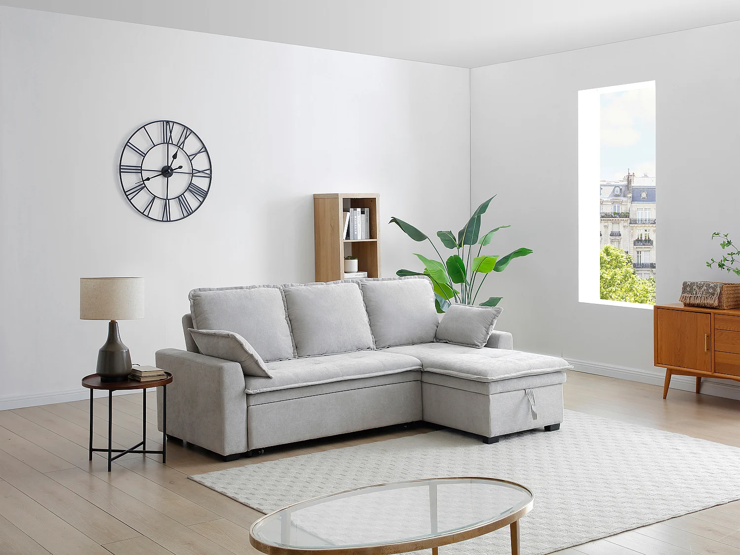 Canapé d'angle convertible et réversible en tissu gris clair ZAKILA