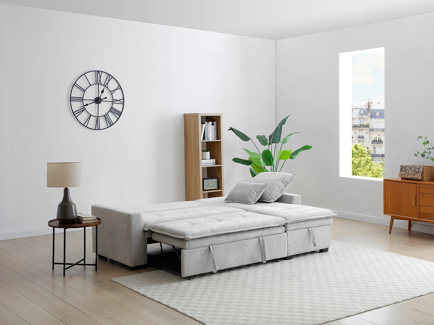 Canapé d'angle convertible et réversible en tissu gris clair ZAKILA