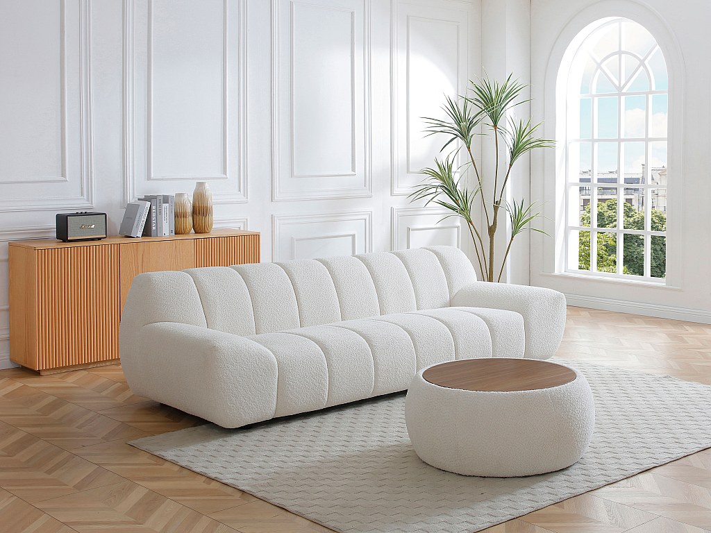 Couchtisch - Mit Stauraum und Bouclé-Stoff + MDF - Weiß - SORIELI günstig online kaufen