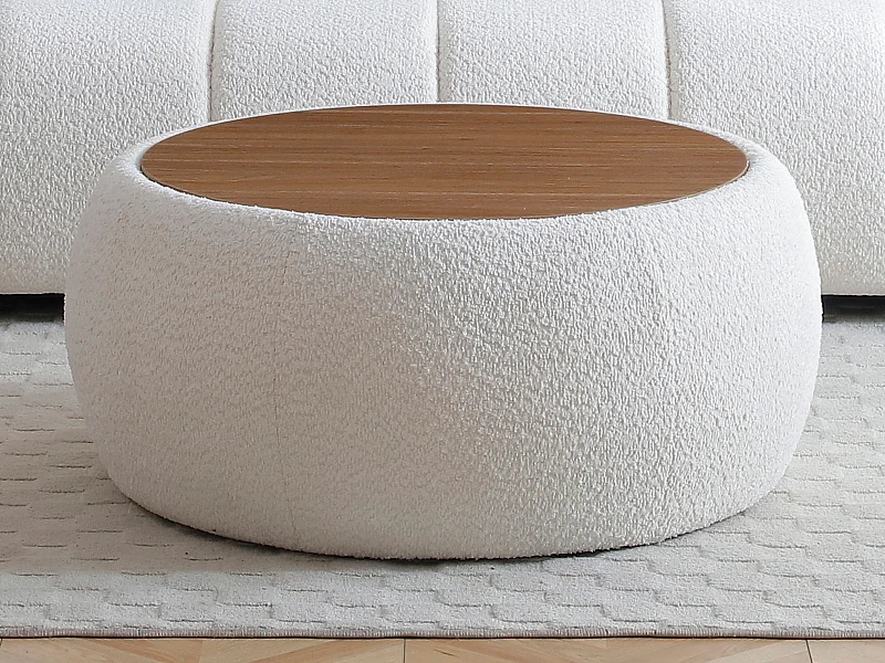 Table basse avec coffre de rangement en tissu bouclette et MDF - Blanc - SORIELI