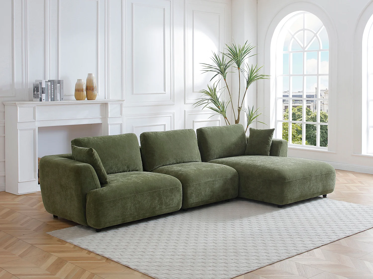 Canapé d'angle droit en tissu vert TINDRALO