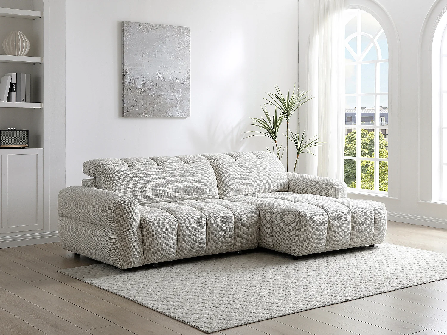 Ecksofa rechts Relax mit elektrisch verschiebbarer Sitzfläche – Stoff Beige – CARIALA