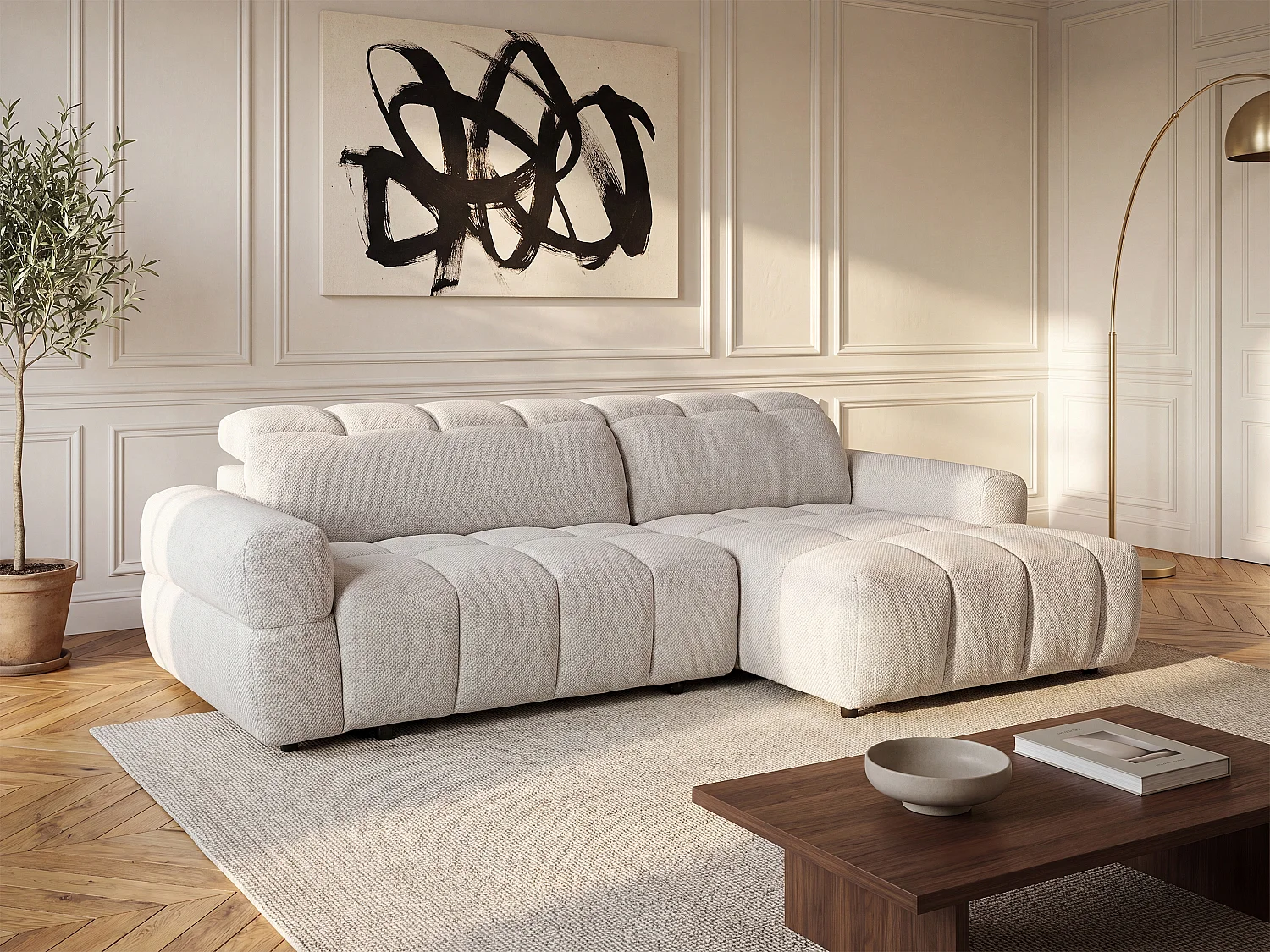 Canapé d'angle droit relax avec assise coulissante électrique en tissu beige CARIALA