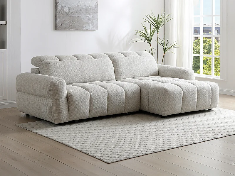 Canapé d'angle droit relax avec assise coulissante électrique en tissu beige CARIALA