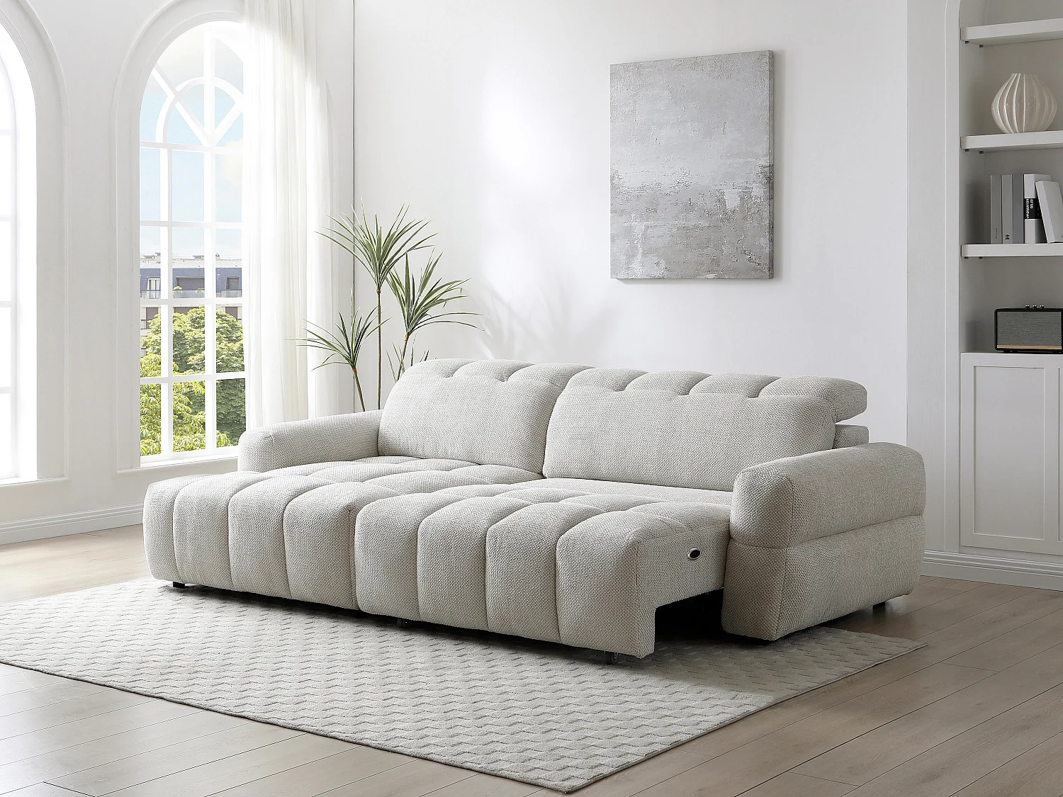 Ecksofa links Relax mit elektrisch verschiebbarer Sitzfläche – Stoff Beige – CARIALA