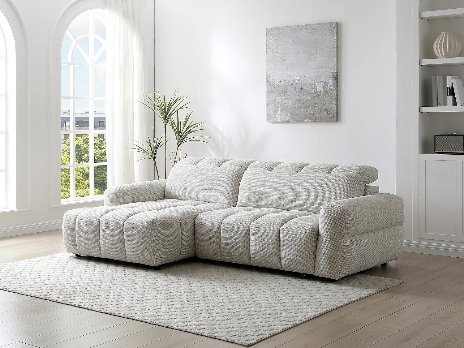 Ecksofa links Relax mit elektrisch verschiebbarer Sitzfläche – Stoff Beige – CARIALA