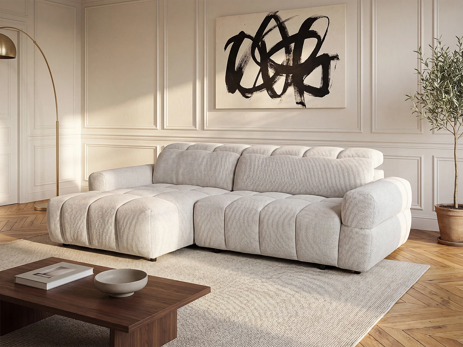 Canapé d'angle gauche relax avec assise coulissante électrique en tissu beige CARIALA