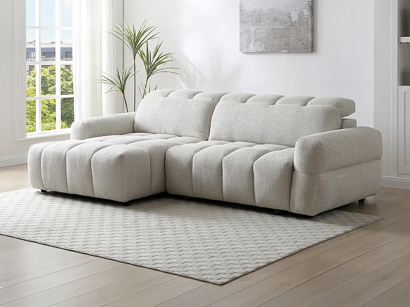 Canapé d'angle gauche relax avec assise coulissante électrique en tissu beige CARIALA