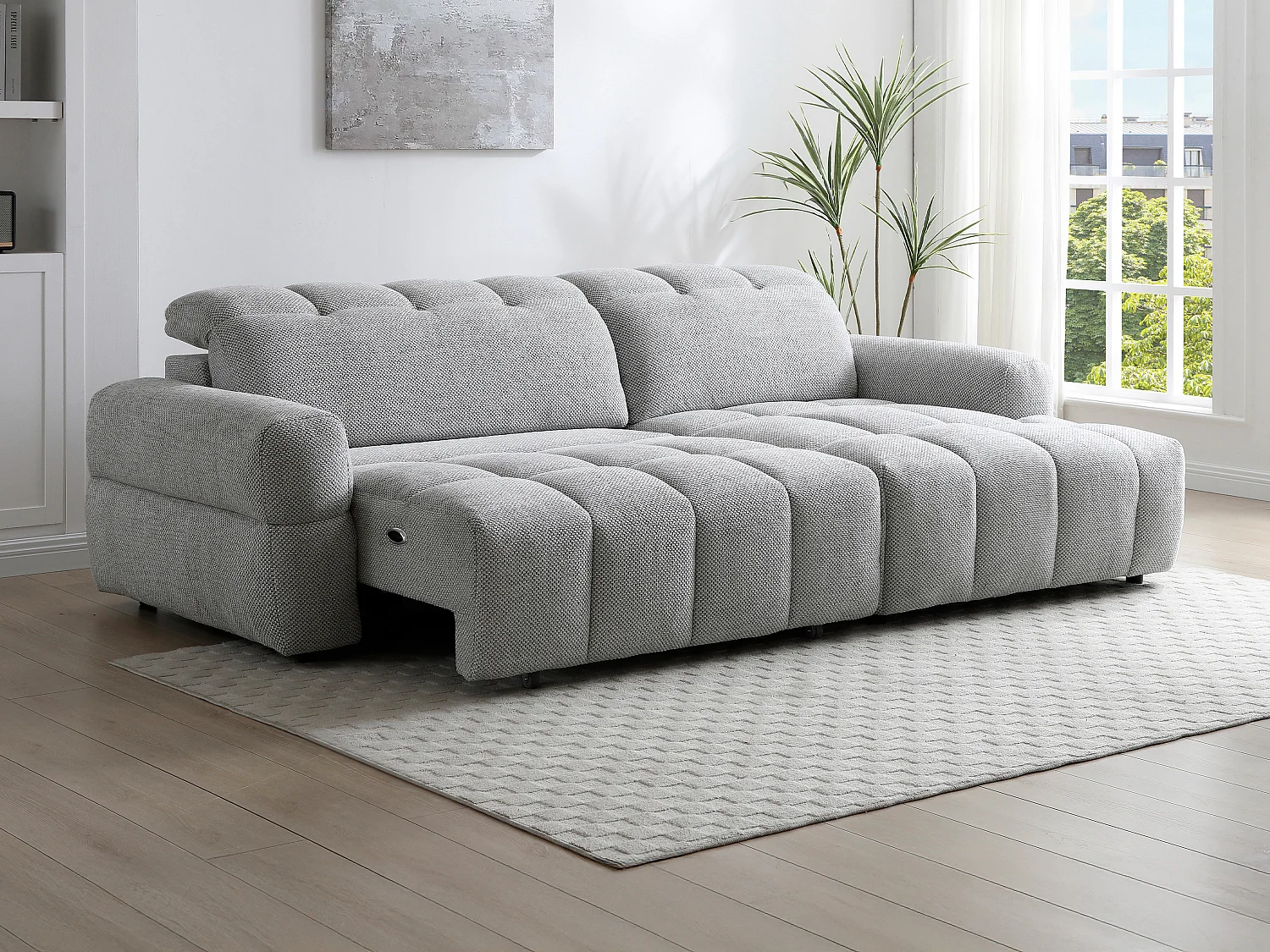 Canapé d'angle droit relax avec assise coulissante électrique en tissu gris CARIALA