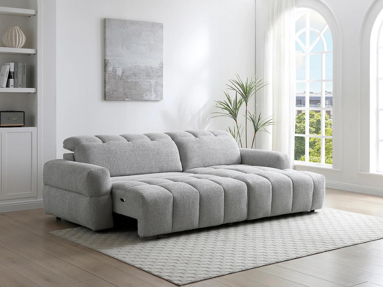 Canapé d'angle droit relax avec assise coulissante électrique en tissu gris CARIALA