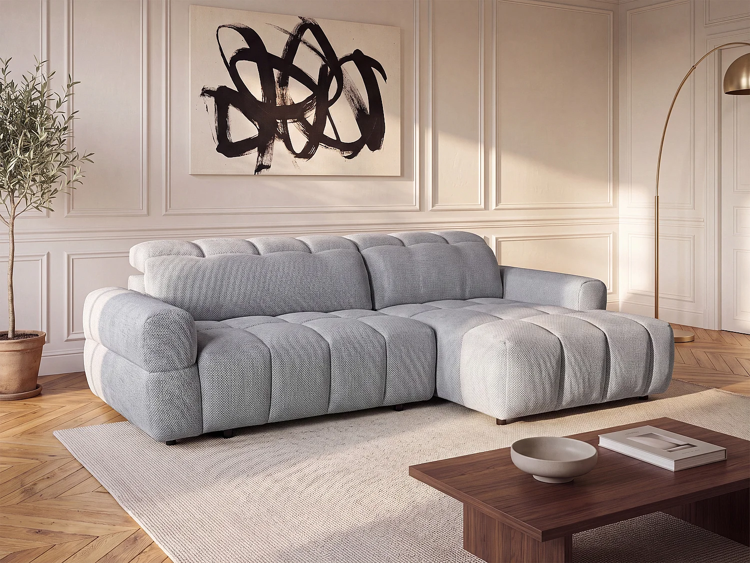 Canapé d'angle droit relax avec assise coulissante électrique en tissu gris CARIALA