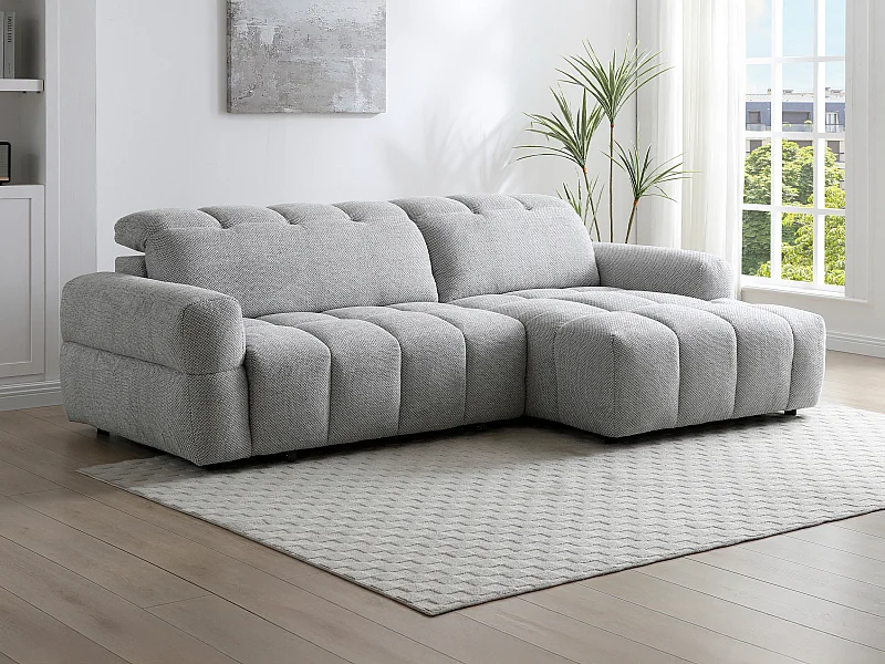 Canapé d'angle droit relax avec assise coulissante électrique en tissu gris CARIALA