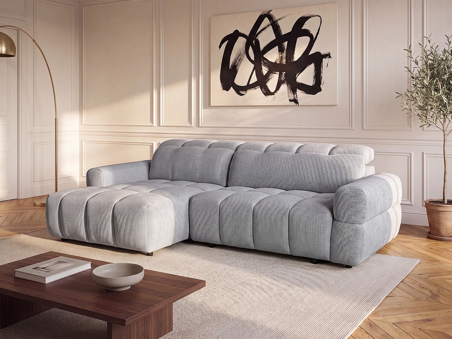 Canapé d'angle gauche relax avec assise coulissante électrique en tissu gris CARIALA