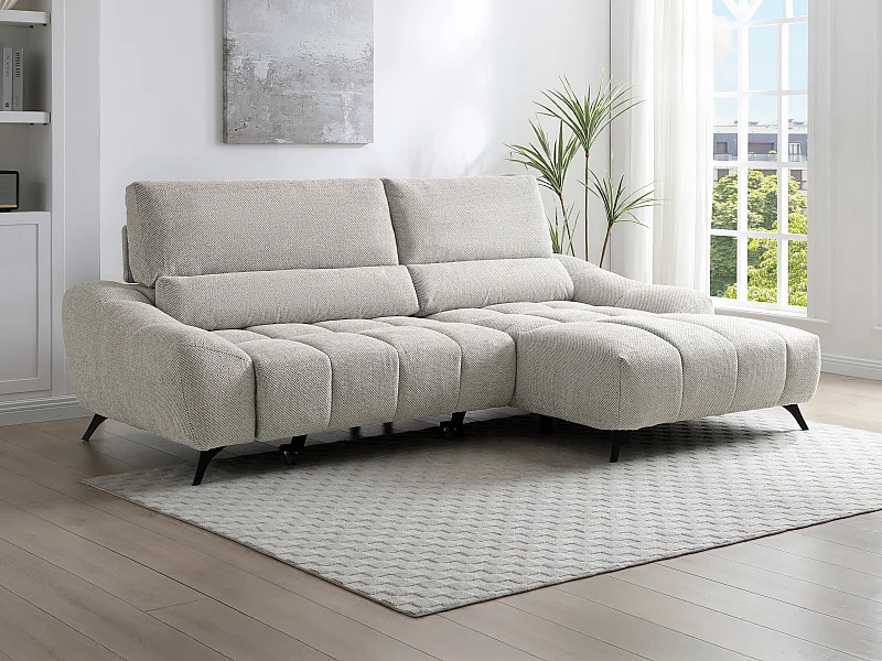 Canapé d'angle droit relax avec assise coulissante en tissu beige ELOSIA