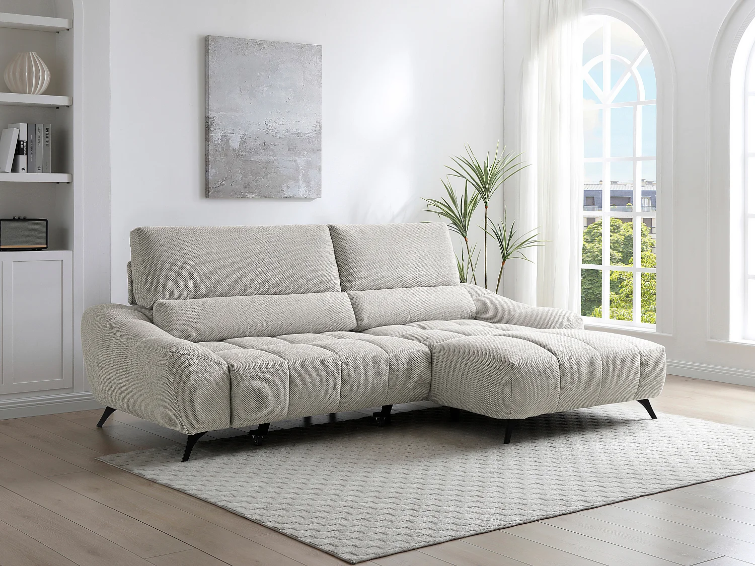 Kanapa narożna relaksacyjna prawostronna z regulowaną głębokością siedziska w beżowej tkaninie ELOSIA