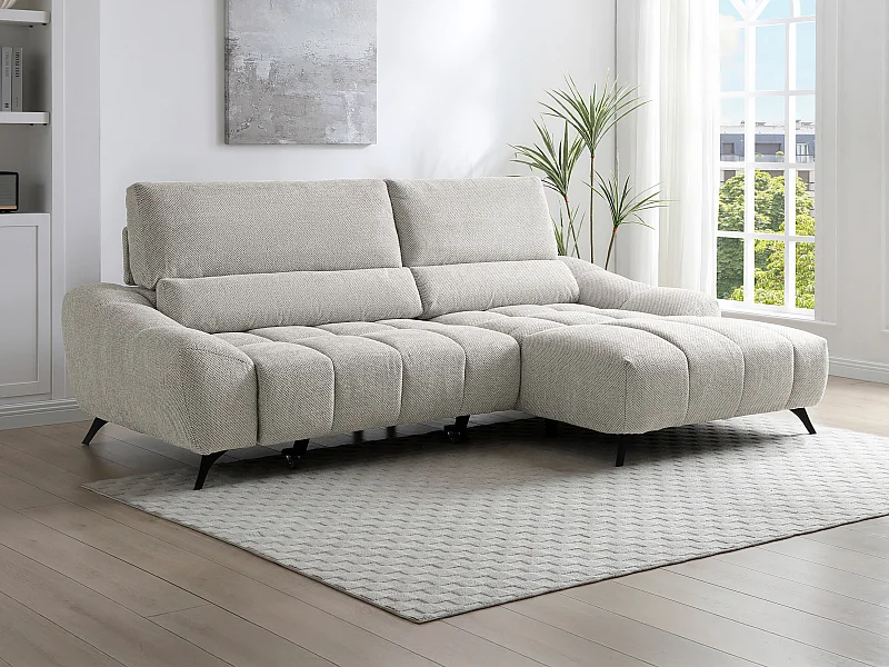 Canapé d'angle droit relax avec assise coulissante en tissu beige ELOSIA